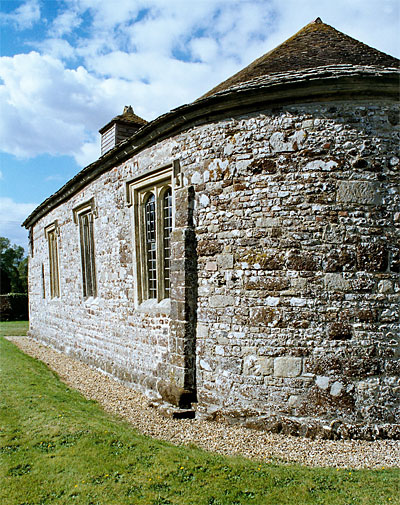 St. Andrews Church showing the outward lean of the walls. Winterborne Tomson
