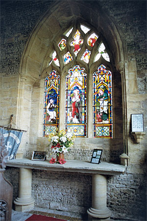 This pointed east window of the chapel is of three lights with curvillinear tracery.