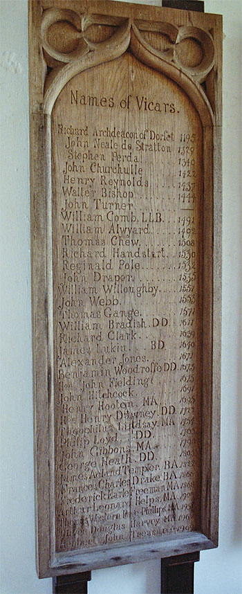 A list of all the vicars of Puddletown is displayed in the north porch in an unusual way.