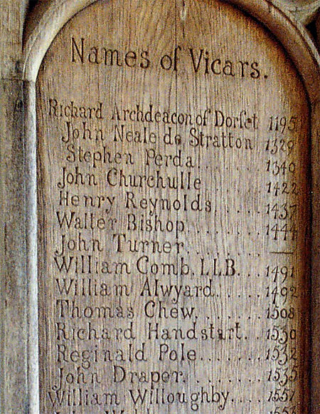 A list of vicars is displayed in an unusual way in the north porch.