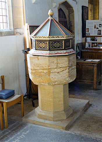 The font is to be found in the south aisle; its octagonal bowl is medieval and stands on a modern base and plinth.
