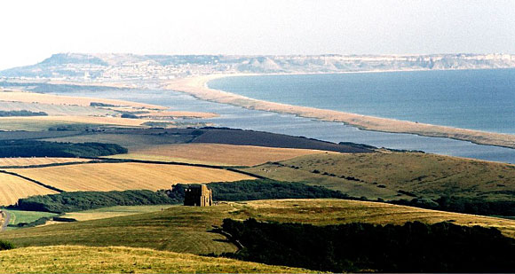 The Chapel of St. Catherine overlooking the Chesil Beach and the Fleet Lagoon.