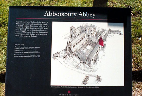 English Heritage provide an artist's impression of how the Abbey looked before it was demolished. The highlighted area is all that remains.