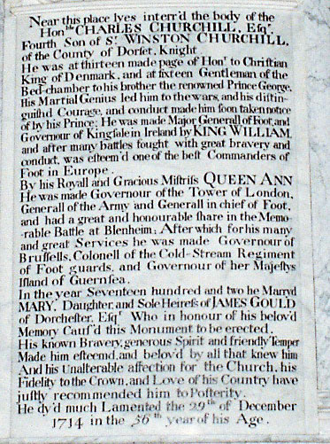 Inscription on the memorial to The Hon. Charles Churchill Esq., fourth son of Sir Winston Churchill, Knight.