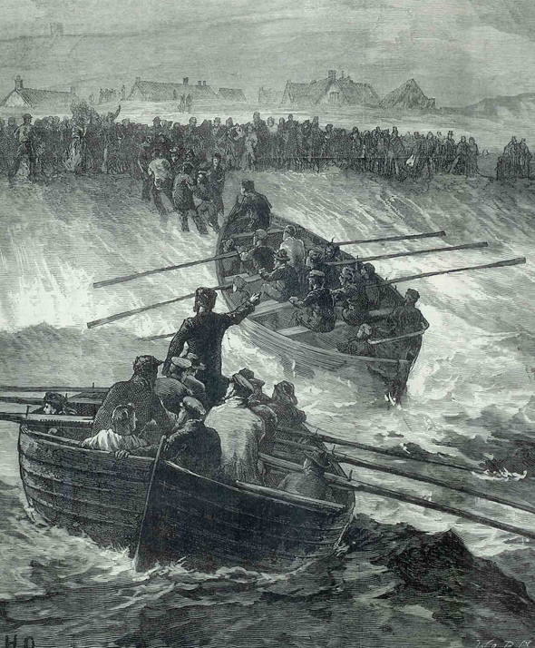 This picture depicts the two Portland Lerret boats launched to rescue survivors of the collision between the Avalanche and the Forest of Windsor off Portland in September 1877. One of these boats was called ‘Black Joke’. Our thanks to David Carter for sharing this picture, which originally appeared in the Illustrated London News.