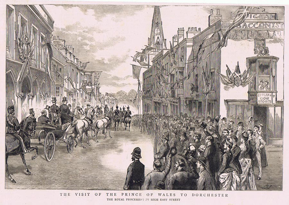 This engraving was made from a photograph taken by Dorchester’s pre-eminent photographer of his day, Walter Pouncy. It was taken on the 2nd of June 1887 when the Prince of Wales visited Dorchester. There is a full report of the event in the editorial section and can be found in the Dorchester Category.